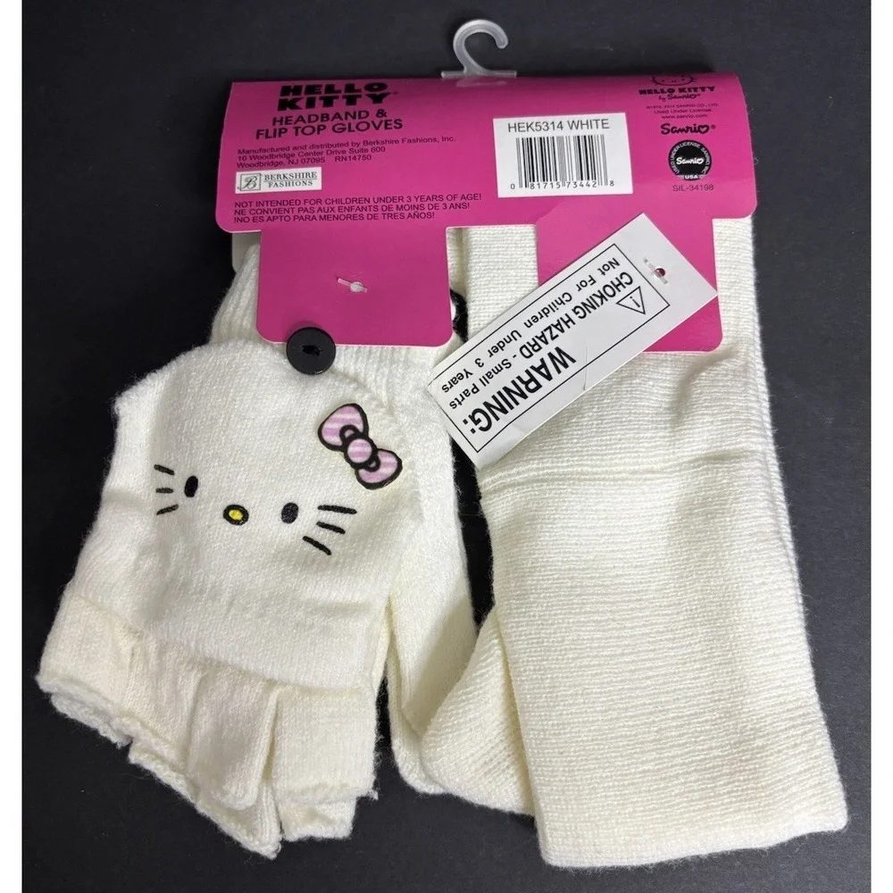 Sanrio Hello Kitty Girls Headband and Flip Top Gloves White Pink NEW